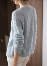 Load image into Gallery viewer, Plus Size Light Blue O-Neck Hollow Out Ma Hai Mao Knit Cardigan Spring