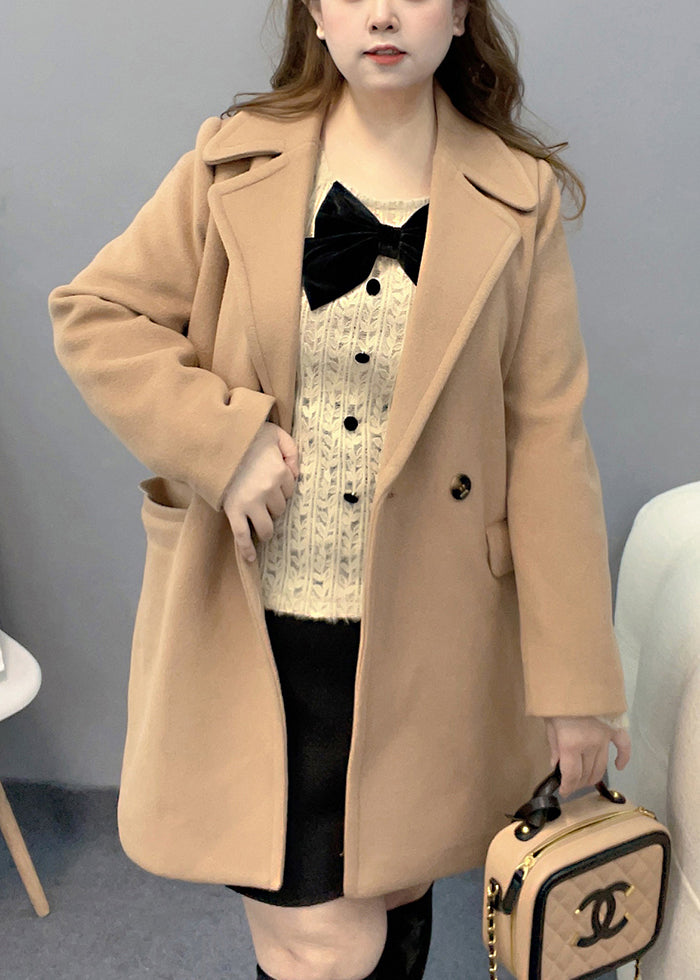 Plus Size Light Camel Peter Pan Collar Pockets Woolen Trench Fall