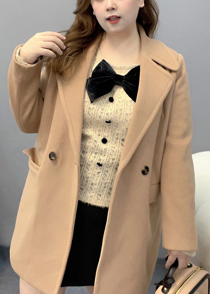 Plus Size Light Camel Peter Pan Collar Pockets Woolen Trench Fall