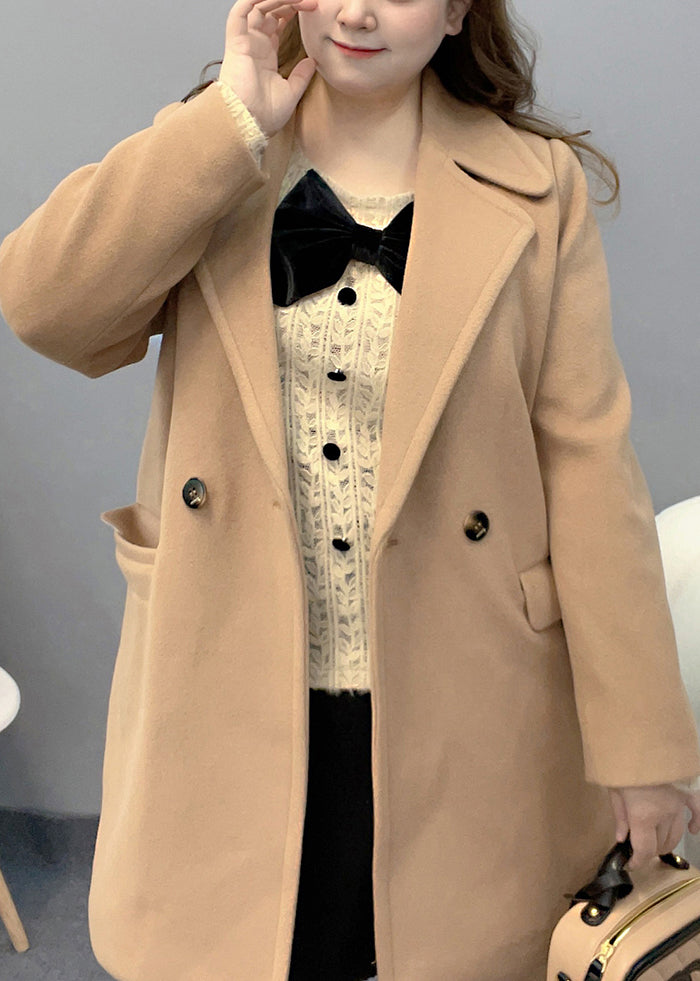 Plus Size Light Camel Peter Pan Collar Pockets Woolen Trench Fall