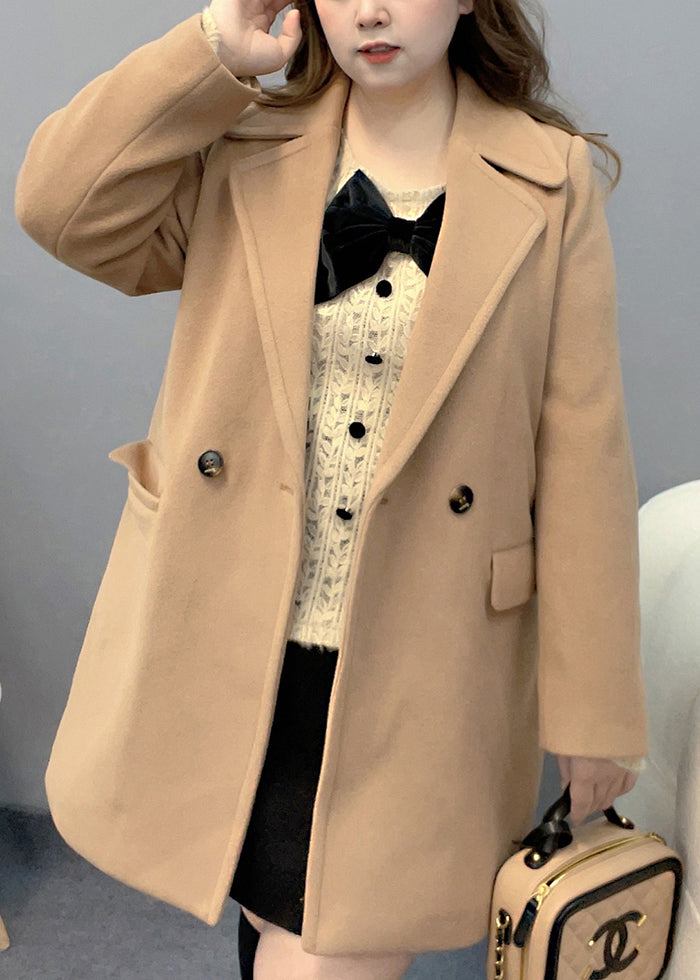 Plus Size Light Camel Peter Pan Collar Pockets Woolen Trench Fall