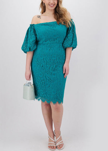 Plus Size Malachite Green Patchwork Lace Mid Dress Short Sleeve