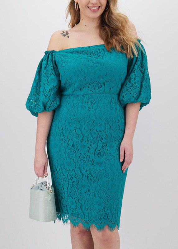 Plus Size Malachite Green Patchwork Lace Mid Dress Short Sleeve