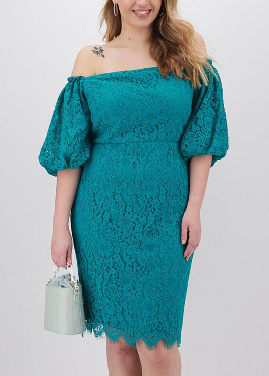 Plus Size Malachite Green Patchwork Lace Mid Dress Short Sleeve