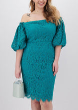 Load image into Gallery viewer, Plus Size Malachite Green Patchwork Lace Mid Dress Short Sleeve