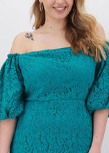 Load image into Gallery viewer, Plus Size Malachite Green Patchwork Lace Mid Dress Short Sleeve