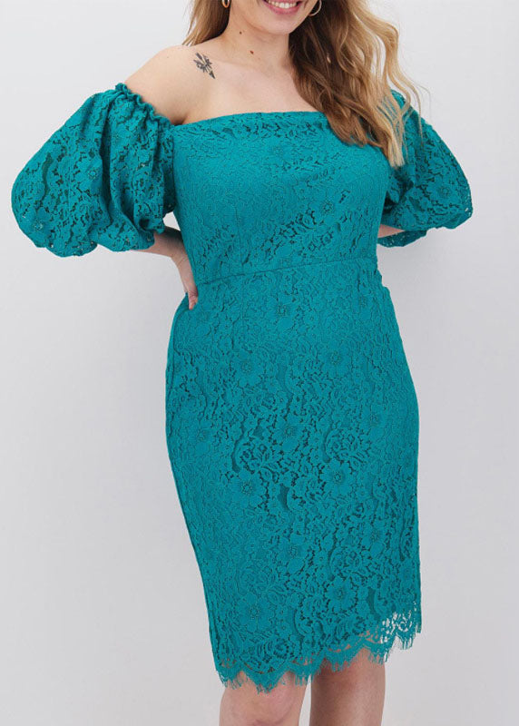 Plus Size Malachite Green Patchwork Lace Mid Dress Short Sleeve