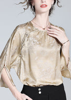 Plus Size Milk Tea Colour O-Neck Button Silk Top Spring