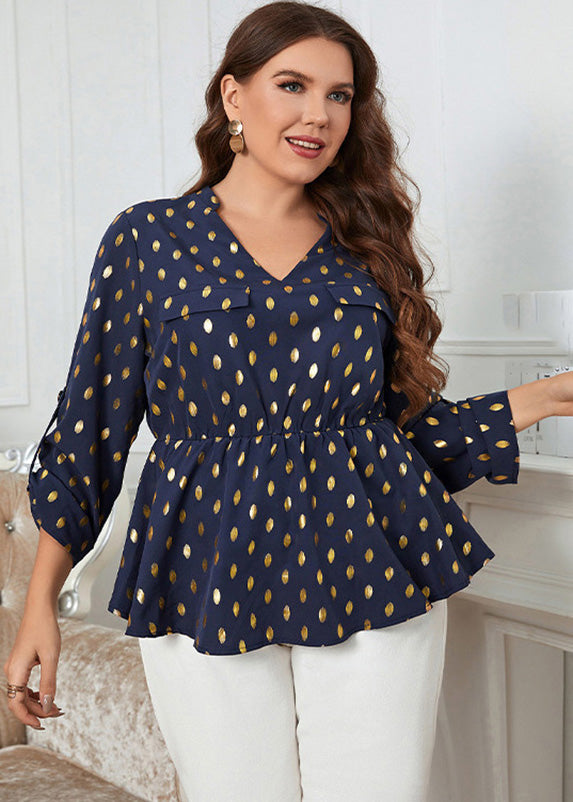 Plus Size Marineblaues Patchwork-Chiffon-Oberteil mit V-Ausschnitt und Print für den Herbst