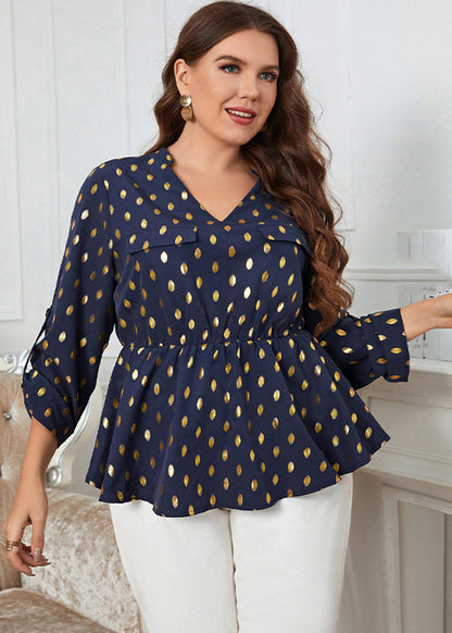 Plus Size Marineblaues Patchwork-Chiffon-Oberteil mit V-Ausschnitt und Print für den Herbst