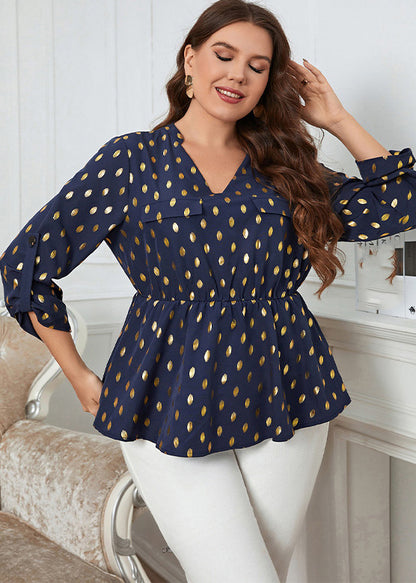 Plus Size Marineblaues Patchwork-Chiffon-Oberteil mit V-Ausschnitt und Print für den Herbst