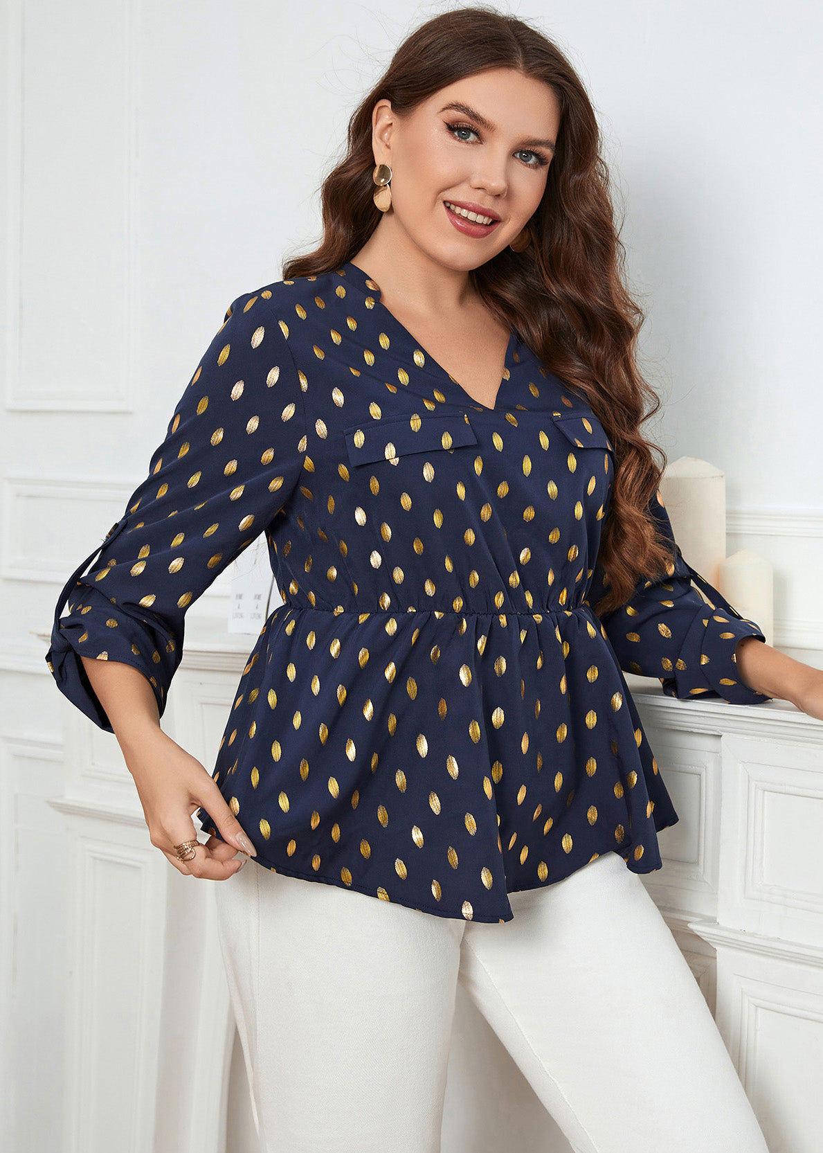Plus Size Marineblaues Patchwork-Chiffon-Oberteil mit V-Ausschnitt und Print für den Herbst