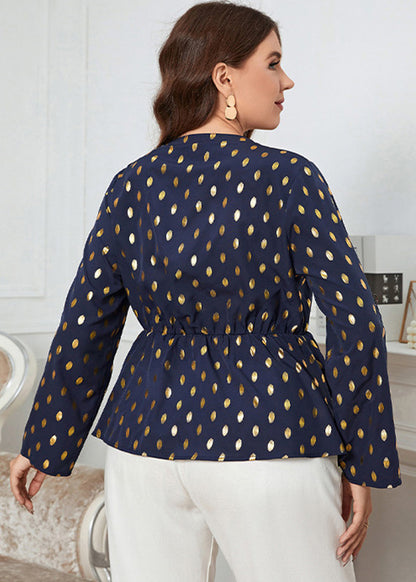 Plus Size Marineblaues Patchwork-Chiffon-Oberteil mit V-Ausschnitt und Print für den Herbst