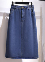 Plus Size Navy Pockets Elastic Waist Patchwork Denim A Iine Skirts Fall