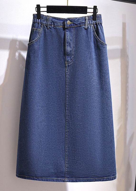 Plus Size Navy Pockets Elastic Waist Patchwork Denim A Iine Skirts Fall