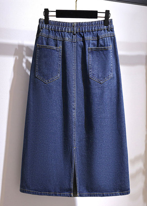 Plus Size Navy Pockets Elastic Waist Patchwork Denim A Iine Skirts Fall