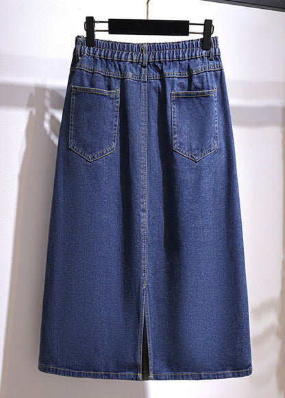 Plus Size Navy Pockets Elastic Waist Patchwork Denim A Iine Skirts Fall