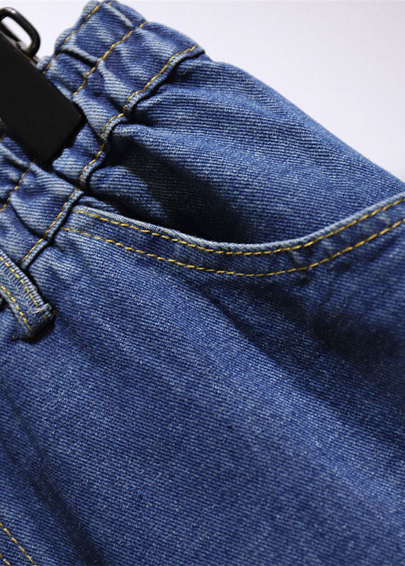 Plus Size Navy Pockets Elastic Waist Patchwork Denim A Iine Skirts Fall