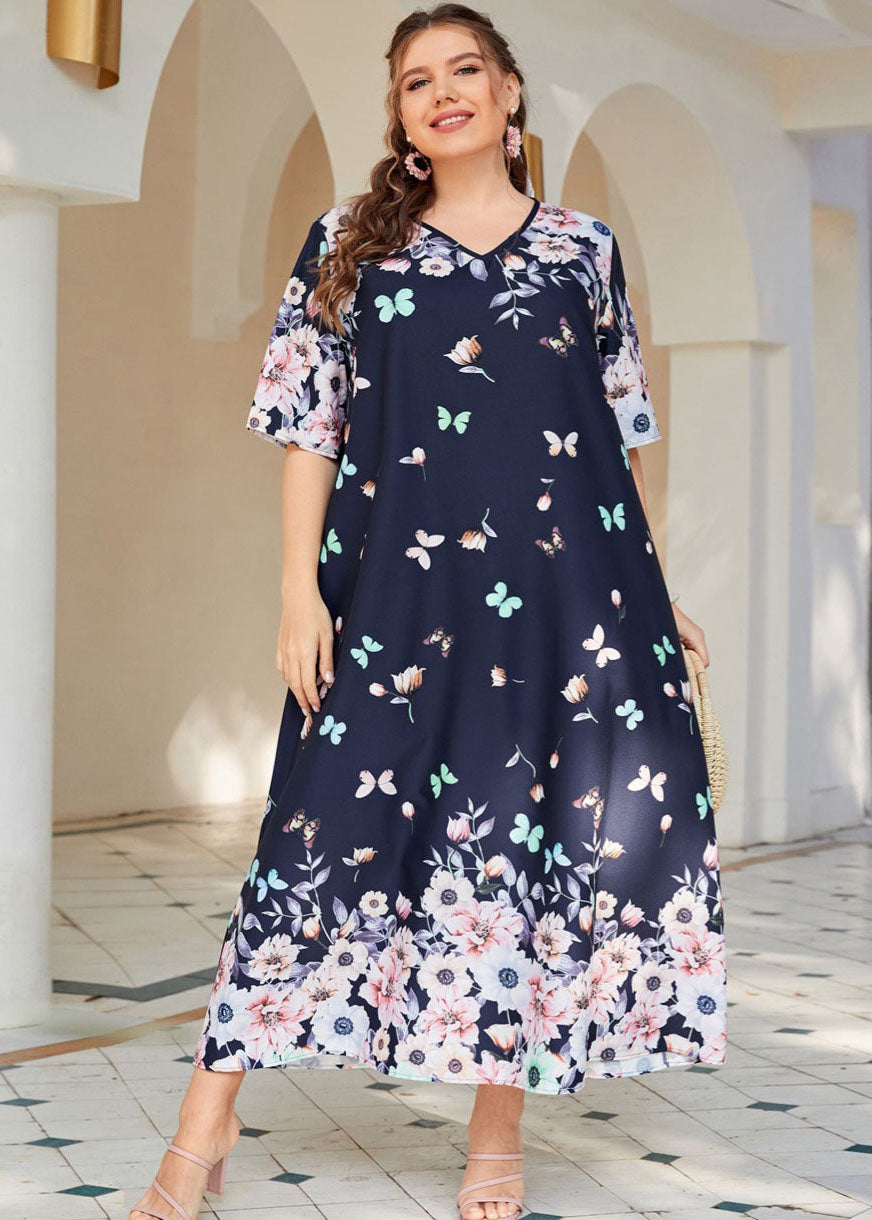 Plus Size Navy V Neck Print Cotton Long Dresses Summer