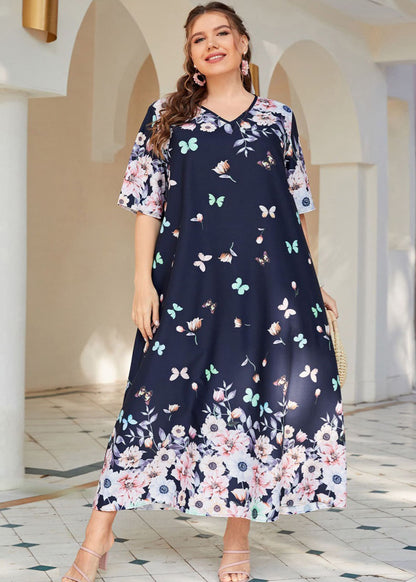 Plus Size Navy V Neck Print Cotton Long Dresses Summer
