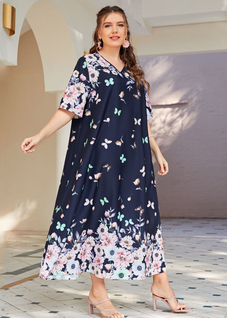 Plus Size Navy V Neck Print Cotton Long Dresses Summer
