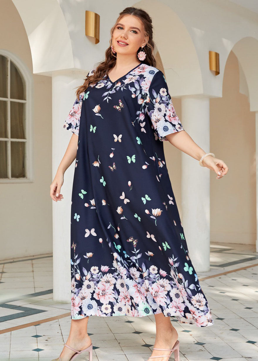 Plus Size Navy V Neck Print Cotton Long Dresses Summer