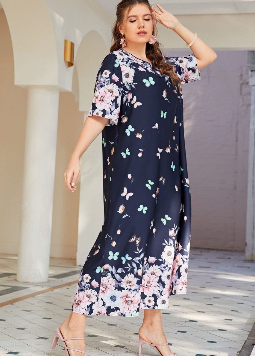 Plus Size Navy V Neck Print Cotton Long Dresses Summer