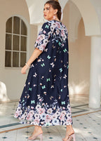 Plus Size Navy V Neck Print Cotton Long Dresses Summer