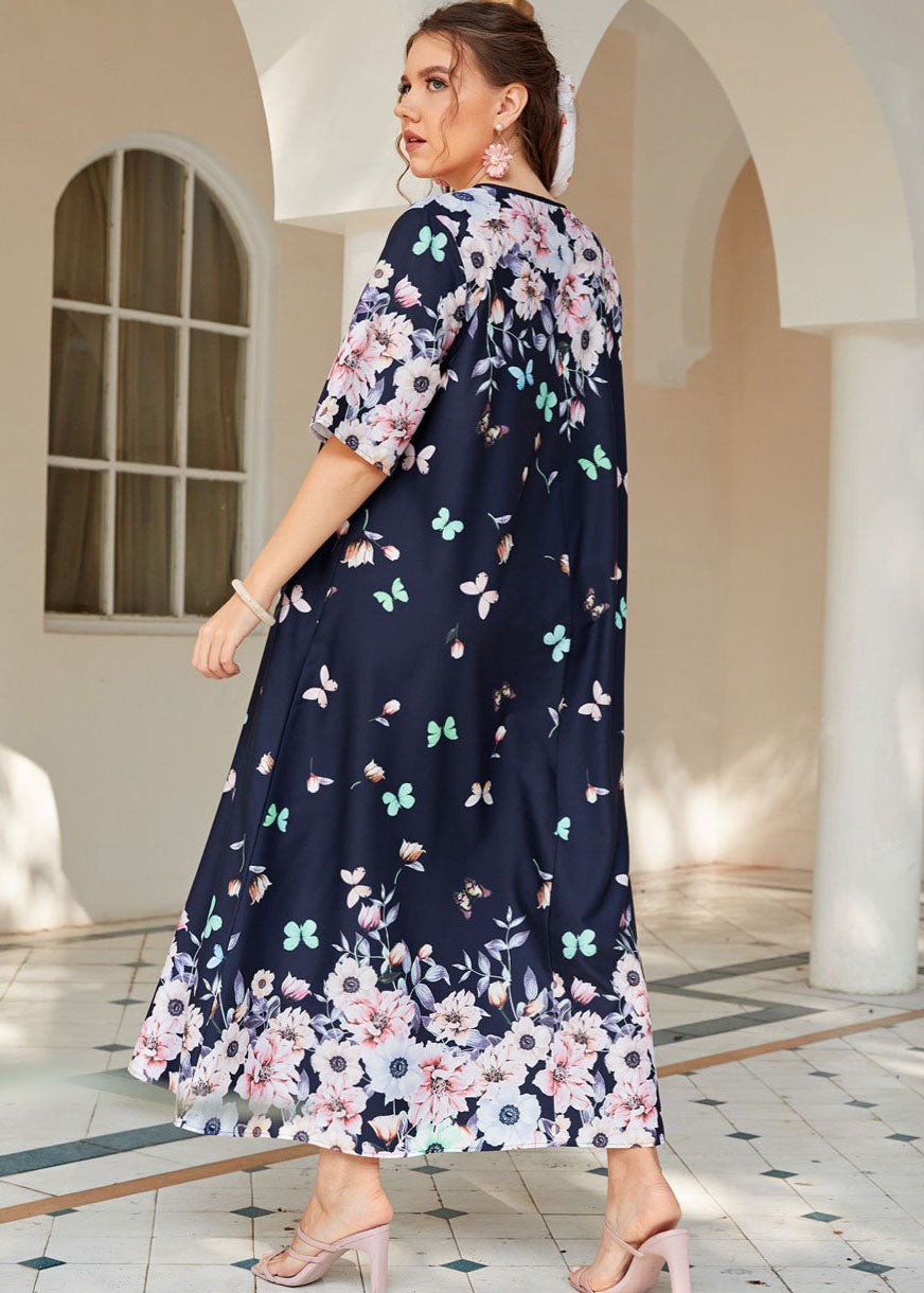 Plus Size Navy V Neck Print Cotton Long Dresses Summer