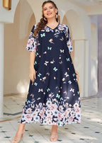 Plus Size Navy V Neck Print Patchwork Chiffon Long Dresses Summer
