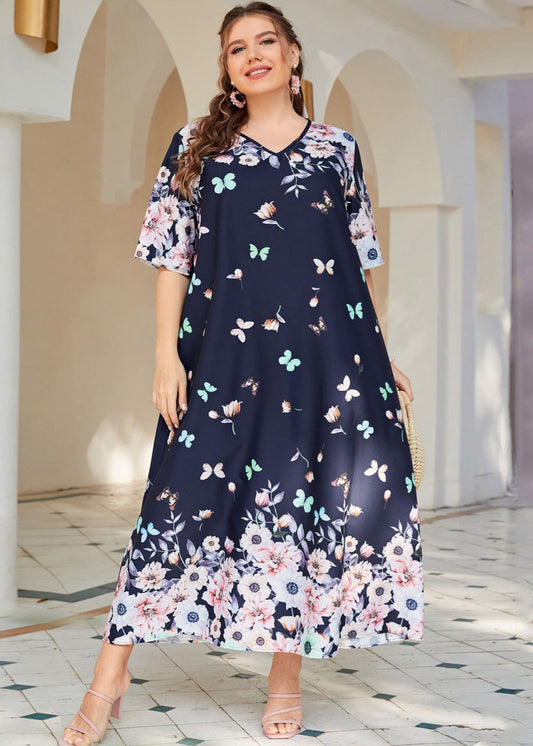 Plus Size Navy V Neck Print Patchwork Chiffon Long Dresses Summer