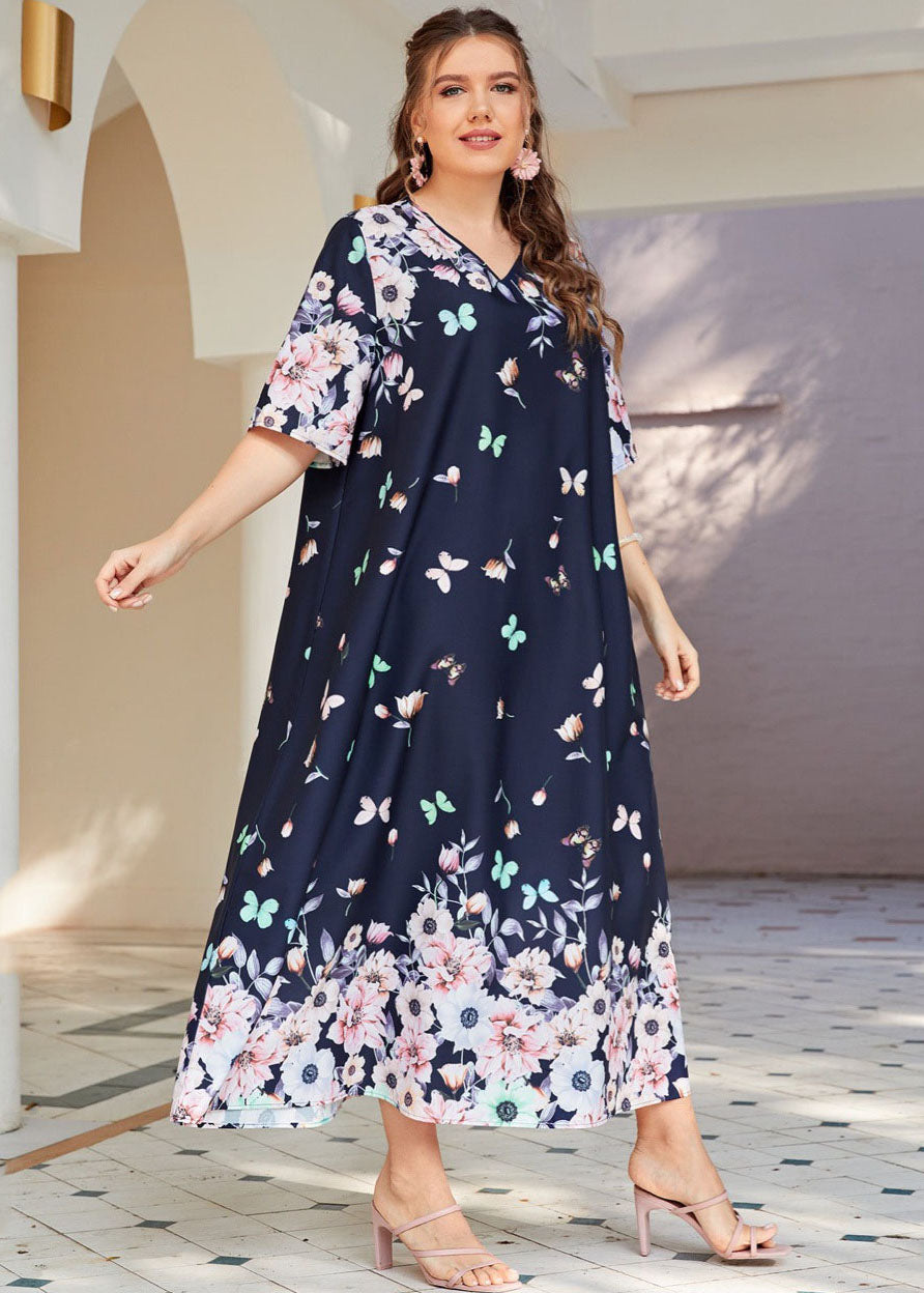 Plus Size Navy V Neck Print Patchwork Chiffon Long Dresses Summer