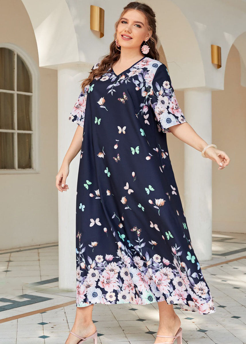 Plus Size Navy V Neck Print Patchwork Chiffon Long Dresses Summer