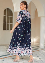 Plus Size Navy V Neck Print Patchwork Chiffon Long Dresses Summer