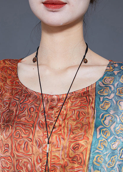 Plus Size Orange Oversized Print Pockets Silk Vacation Dresses Summer