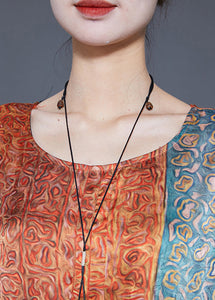 Plus Size Orange Oversized Print Pockets Silk Vacation Dresses Summer