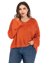 Plus Size Orange V Neck Chunky Oversized Knit Sweater Long Sleeve