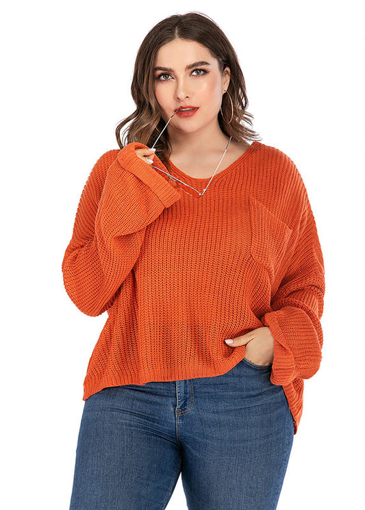 Plus Size Orange V Neck Chunky Oversized Knit Sweater Long Sleeve