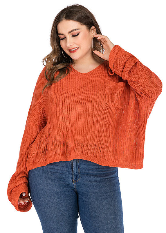 Plus Size Orange V Neck Chunky Oversized Knit Sweater Long Sleeve