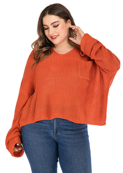 Plus Size Orange V Neck Chunky Oversized Knit Sweater Long Sleeve