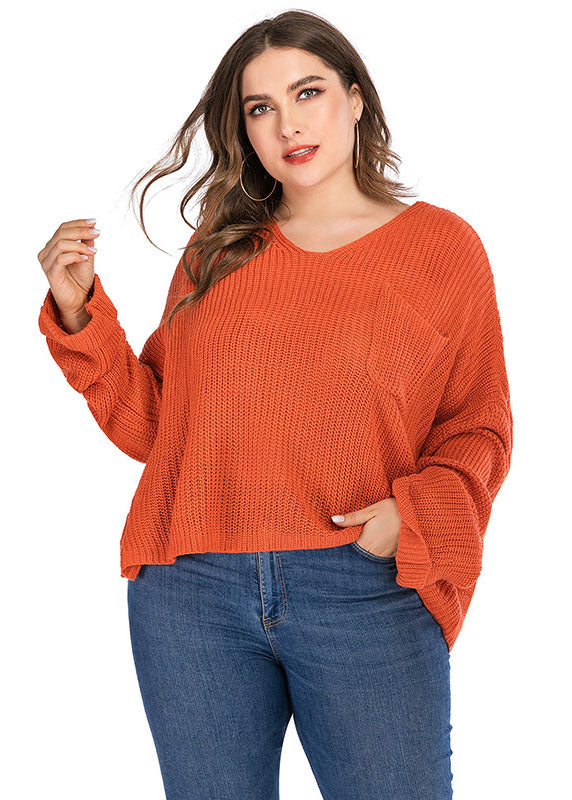 Plus Size Orange V Neck Chunky Oversized Knit Sweater Long Sleeve