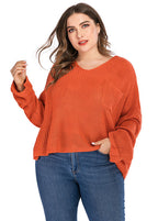 Plus Size Orange V Neck Chunky Oversized Knit Sweater Long Sleeve