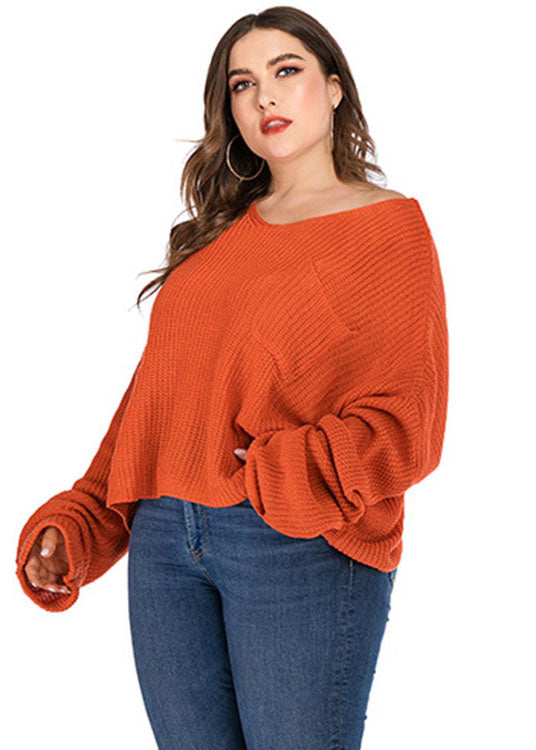 Plus Size Orange V Neck Chunky Oversized Knit Sweater Long Sleeve