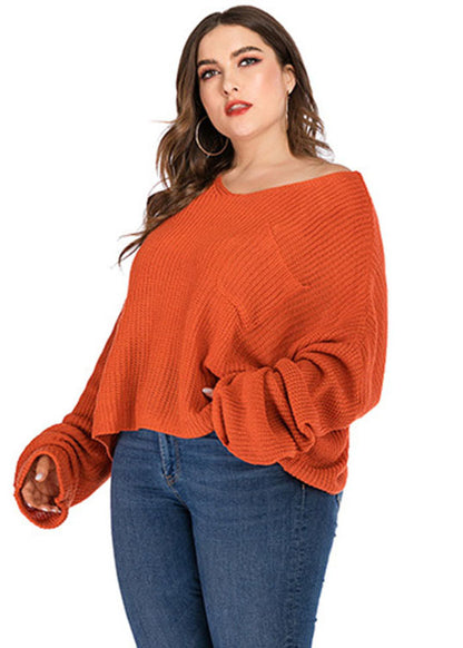Plus Size Orange V Neck Chunky Oversized Knit Sweater Long Sleeve
