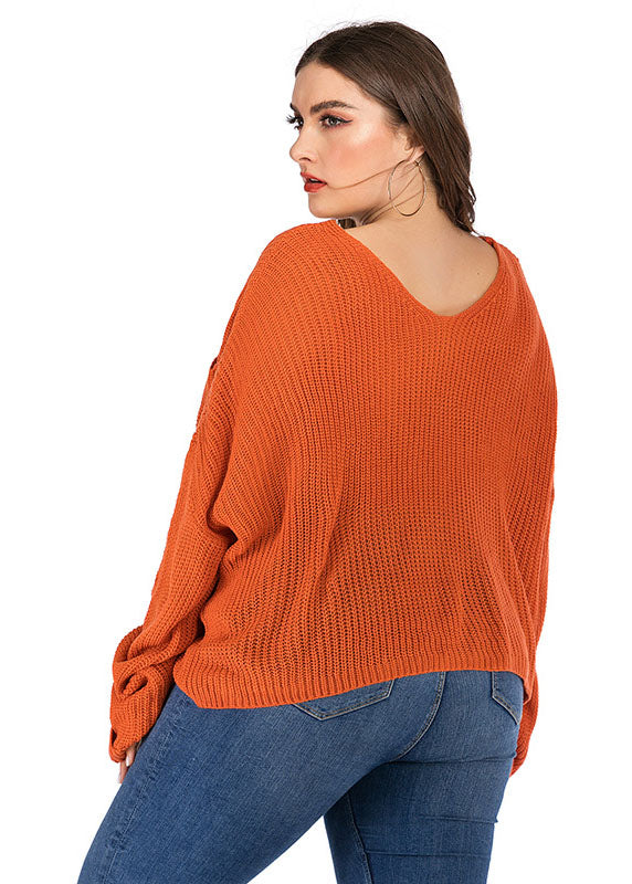 Plus Size Orange V Neck Chunky Oversized Knit Sweater Long Sleeve