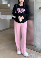 Plus Size Pink Draping High Waist Spandex Straight Pants Fall