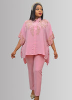 Plus Size Pink Embroideried Button Chiffon Shirts And Pants Two Pieces Set Summer