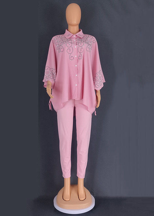 Plus Size Pink Embroideried Button Chiffon Shirts And Pants Two Pieces Set Summer