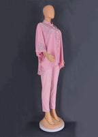 Plus Size Pink Embroideried Button Chiffon Shirts And Pants Two Pieces Set Summer