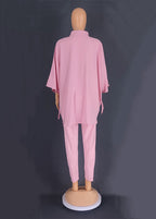 Plus Size Pink Embroideried Button Chiffon Shirts And Pants Two Pieces Set Summer